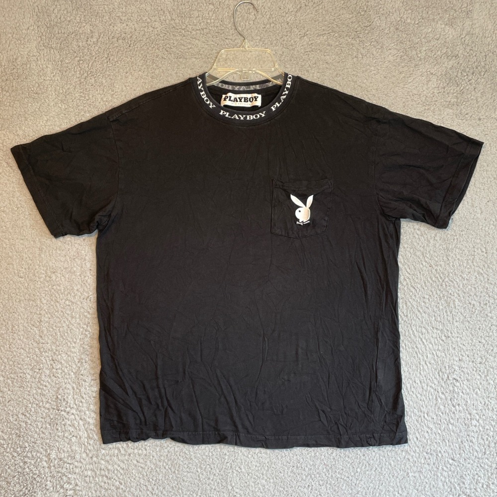 Playboy By Pacsun Black T-Shirt Embroidered Bunny Logo Ribbed Collar Medium